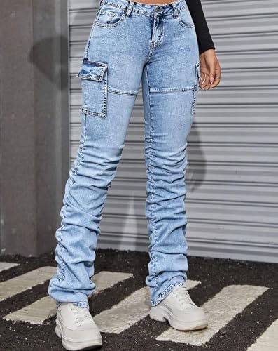 Women's Stacked Jeans Mid Rise Bootcut Skinny Stretchy Denim Pants Trousers4