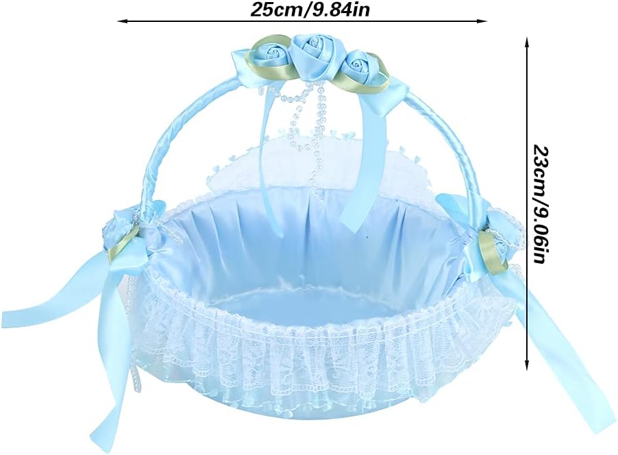 Gavigain Wedding Flower Basket Portable Wedding Lace Flower Basket Candy Container Party Ceremony Supplies Decoration(Blue)