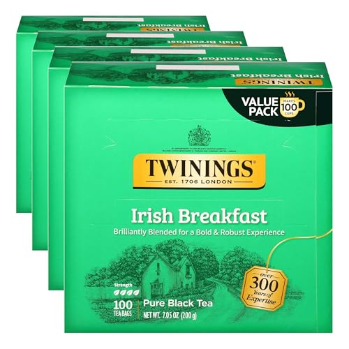 Image of Twinings Irish Breakfast Black Tea Individually Wrapped Bags, 100 Count (Pack of 4), Flavourful, Bold, and Robust, Caffeinated, Enjoy Hot or Iced, 100 Teabags