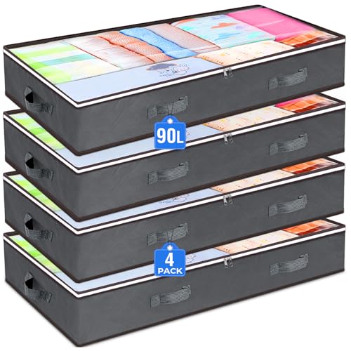 Budding Joy 4 Stück 90L Unterbettkommode, Aufbewahrungsbox mit Deckel Faltbare Unterbett Aufbewahrungsbox für Kleidung, Bettdecken und Bettwäsche, Grau