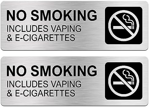 Silvivao No Smoking Signs for Business, No Vaping Signs, 9 x 3 Inches Brushed Aluminum, Waterproof, Self-adhesive for Offices, Restaurants, Hotels, Rest Stops, Public Restrooms - Silver (2 Pack)