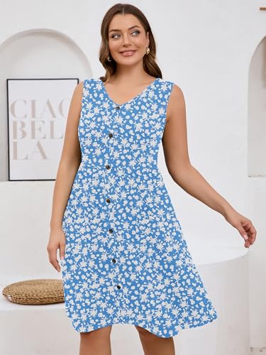 AusLook Plus Size Women Summer Dress Sleeveless V Neck Casual Cute Loose Sundress Blue Butterflies 4X Comfy Swing Button Down Midi Work Flowy Tunic Ladies Beach Vacation Teacher Dresses with Pockets — view 6