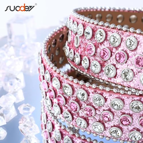Image of Women Fashion Rhinestone Belt SUOSDEY Western Cowgirl Bling Studded Design Leather Diamond Belt for Jeans Dress, 07-pink(silver Buckle), S：fits pants size 28''-32''