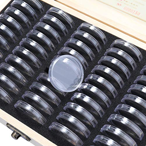 Decdeal Coins Holder, Wooden Coins Storage Box for Collectible Commemorative Coin with 50pcs Capsules Accommodate