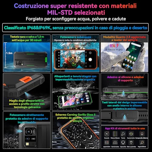 Blackview Rugged Smartphone 2024, BV5300Plus Telefono Indistruttibile, 12GB+128GB/2TB Espandibile/Octa-core, 6.1'' HD+, 6580mAh, NFC/Face ID/GPS/Modalità Guanto/4G Dual SIM Cellulare Robusto/273g - 8