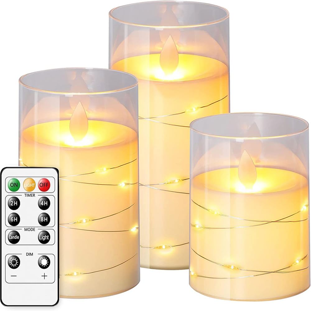 Exrp Flameless LED Candles with Timer 3 Pc Flickering Flameless Candles for Romantic Ambiance and Home Decoration Durable Acrylic Shell,with Embedded Star String，Battery Operated Candles（Ivory）