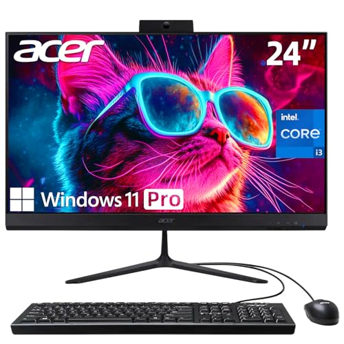 Image of acer 24 inch FHD All-in-One Desktop Computer, 120Hz IPS Display, Intel Core i3-1305U Processor, 8GB RAM, 512GB SSD, Wi-Fi 6, Bluetooth, HDMI, USB Type-C, Windows 11 Pro, Keyboard & Mouse, Black