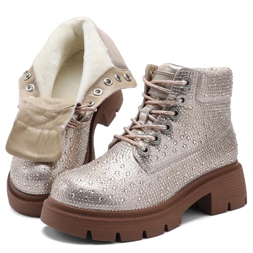 ISALALA Rhinestone Boots for Women, Chunky Heel Women's Ankle Boots Lace-up Sparkly Boots with Rubber Sole， Gold by ISALALA - Used condition - Image 3