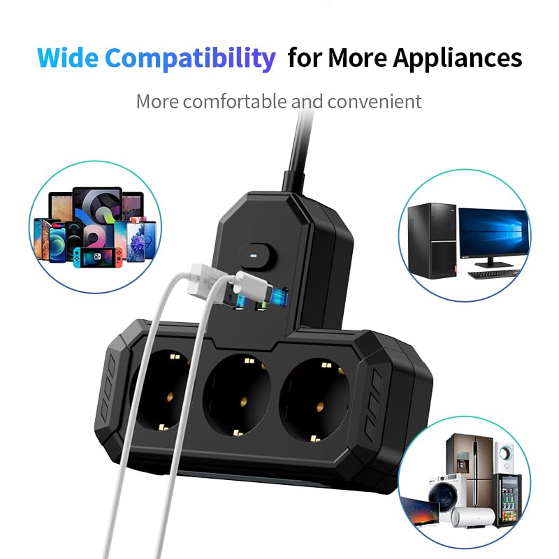 Steckdosenleiste 7-in-1 mit Überspannungsschutz, 3 AC-Steckdosen, 2 USB 2.0 Typ-C-Anschlüsse, 2500W, 10A, für Zuhause, Büro und Reisen (Weiß)