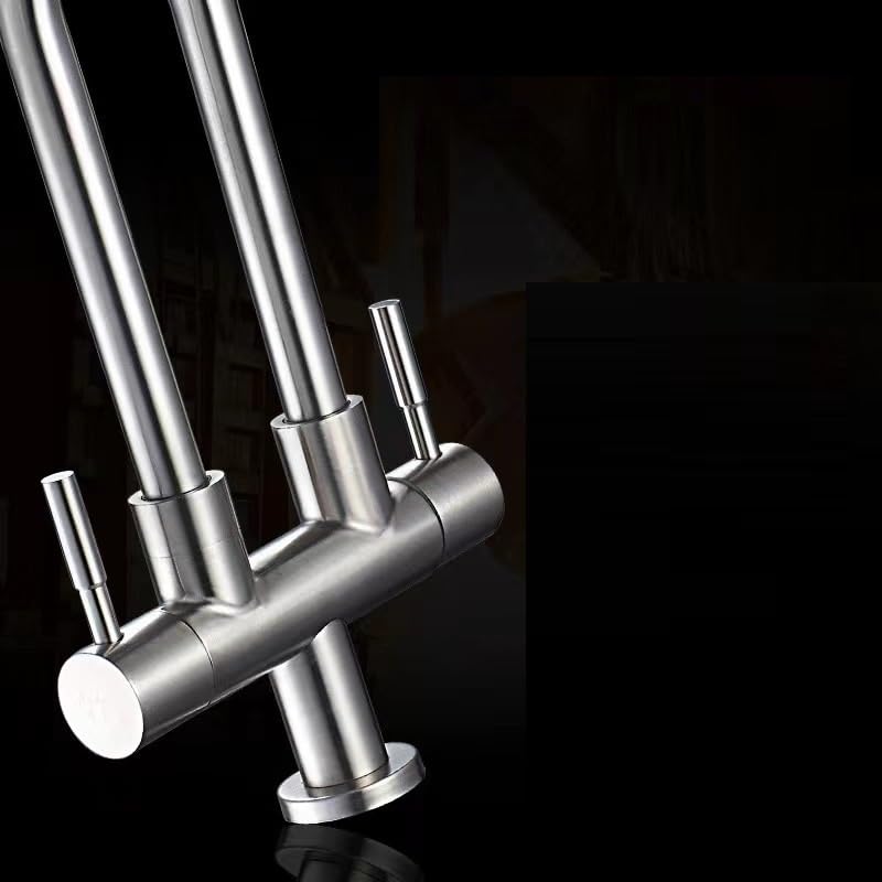 Grifo Cocina Cocina De Acero Inoxidable Doble Tubo Doble Control Doble Manija Una Entrada Dos Salidas Grifo Giratorio Universal De Agua Fría Para El Hogar Codo + Ducha Universal