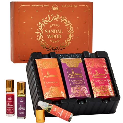 Image of Sandalwood Attar Oil Set by Dukhni | Arabian sandalwood perfume oils | 3 assorted scents x 6ml | Alcohol free, Vegan, Sandalia Collection Set for Gifting | Chandan Prayer Oils, Islamic Fragrances