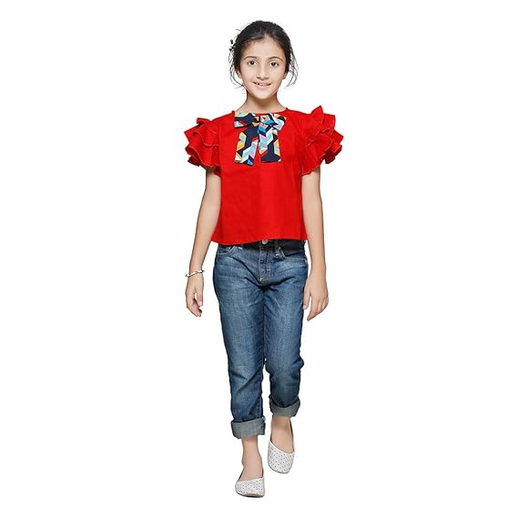 Cutiekins Regular Fit Cotton Red Crop Top with Fashion Sleeves for Girls {7-8 Years}