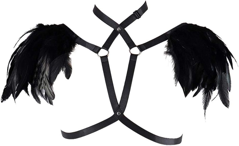 Feather Body Harness Bra Woman's Punk Goth Feather Epaulets Adjustable Plus Size Festival Rave Photography Dance Apparel Black