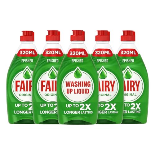 5 X Fairy Original Washing Up Liquid 320ml Bottles Powerful Grease-Cutting Dishwashing Liquid Concentrated Formula Long-Lasting Fresh Scent Gentle on Hands Kitchen Cleaning Essential