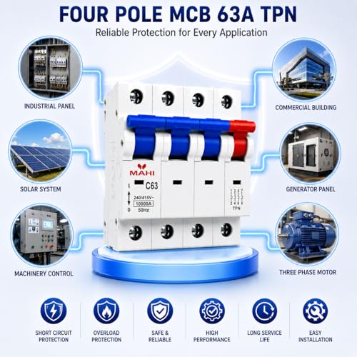 Image of MAHI 63A Four Pole MCB C Curve, Miniature Circuit Breaker with Overload & Short Circuit Protection, 63A Breaking Capacity, Durable Polycarbonate Body for Home & Industrial Use