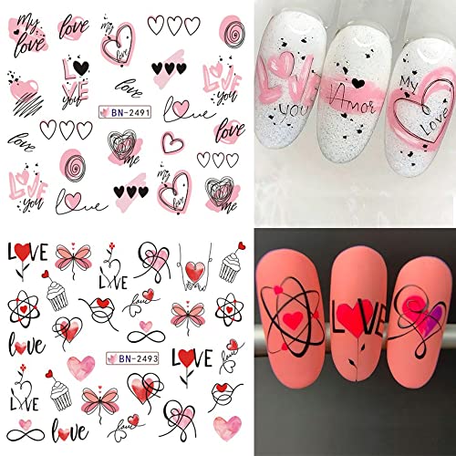 Valentine’s Day Nail Art Stickers Sweet Heart Love Water Transfer Slider Decals Valentines Nail Art Supply Pink Heart Bear Kiss Lip Love Designer Nail Foils Sticker For Women Diy Nail Decor 12 Sheets #TOP1