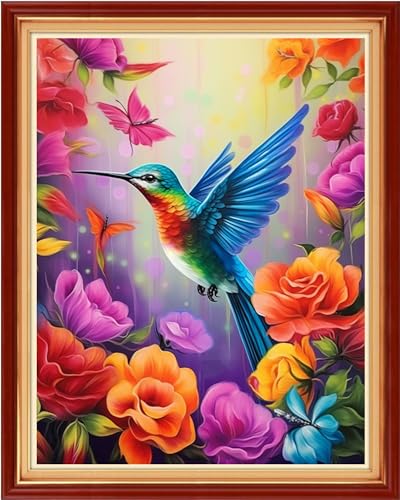 Image of Foxhool Beginners Cross Stitch Kits Stamped Full Range of Embroidery Kits for Adults DIY Cross Stitches kit Embroidery Patterns for Needlepoint kit-Flower Hummingbird 16x20 inch