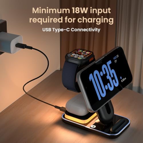 Image of Portronics TriCharge Ultra 3-in-1 Wireless Charger for iPhone, Android, Smartwatch & Earbuds, 15W Qi Fast Charging, Sliding Height Adjustment, Touch Control Light, Type-C Connectivity, (Black)