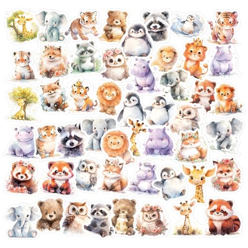 AOZUO 50 pcs lindas pegatinas de animales para niños, impermeables pegatinas kawaii con lindos motivos de animales en acuarela, para botella de agua, bicicleta, álbum de recortes, álbumes de fotos