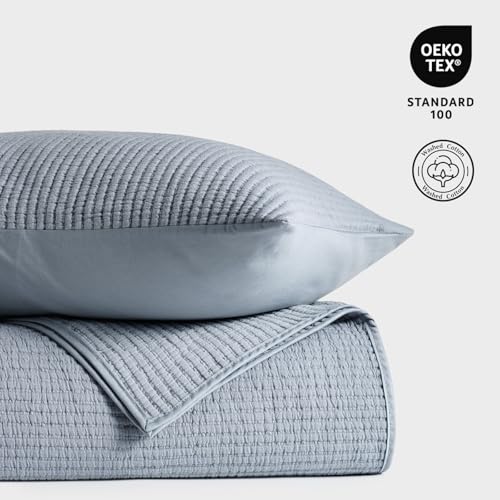 Image of EVERGRACEHOME Cotton Coverlet Set Full Queen Size 3 Pieces, Lightweight Soft Ribbed Matelasse Bedspread Quilt Set, Cozy Oversized Quilted Bedding Set with 2 Pillow Shams for All Seasons, Blue Linen