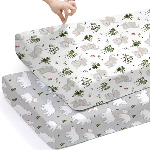 Image of BROLEX Baby Fitted Crib Sheets: Kid Crib Sheets - Set of 2 for Toddler Standard Size Crib Mattress for Boys and Girls - Jersey Knit Crib Bed Sheets Elephants&Bears