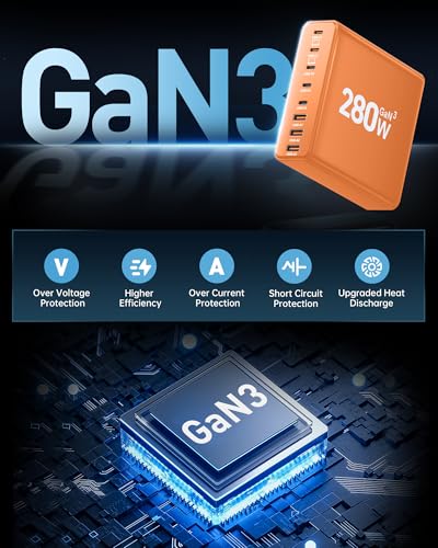 280W USB C Charger Block, 8-Port USB C Charging Station GaN III PD 65W Laptop Charger Adapter Compatible with MacBookPro/Air,DELL,iPad,Portable Charging Station for iPhone,Samsung Galaxy(Orange)