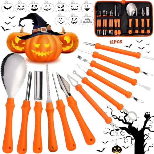 MTINRNI Halloween Kürbis Schnitzset,12 Stück Schnitzwerkzeug Kürbis,mit 10 Stück Schnitzvorlagen...