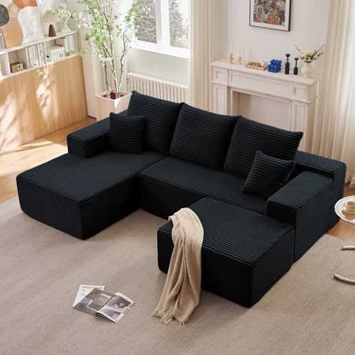 Image of Lakifun 107 inch L-Shape Sofa with Ottoman, Modern Modular Sectional Comfy U-Shape Cloud Couch, Deep Seat, Upholstered Corduroy Sleeper Chaise Longue for Living Room Bedroom, No Assembly Required, Black