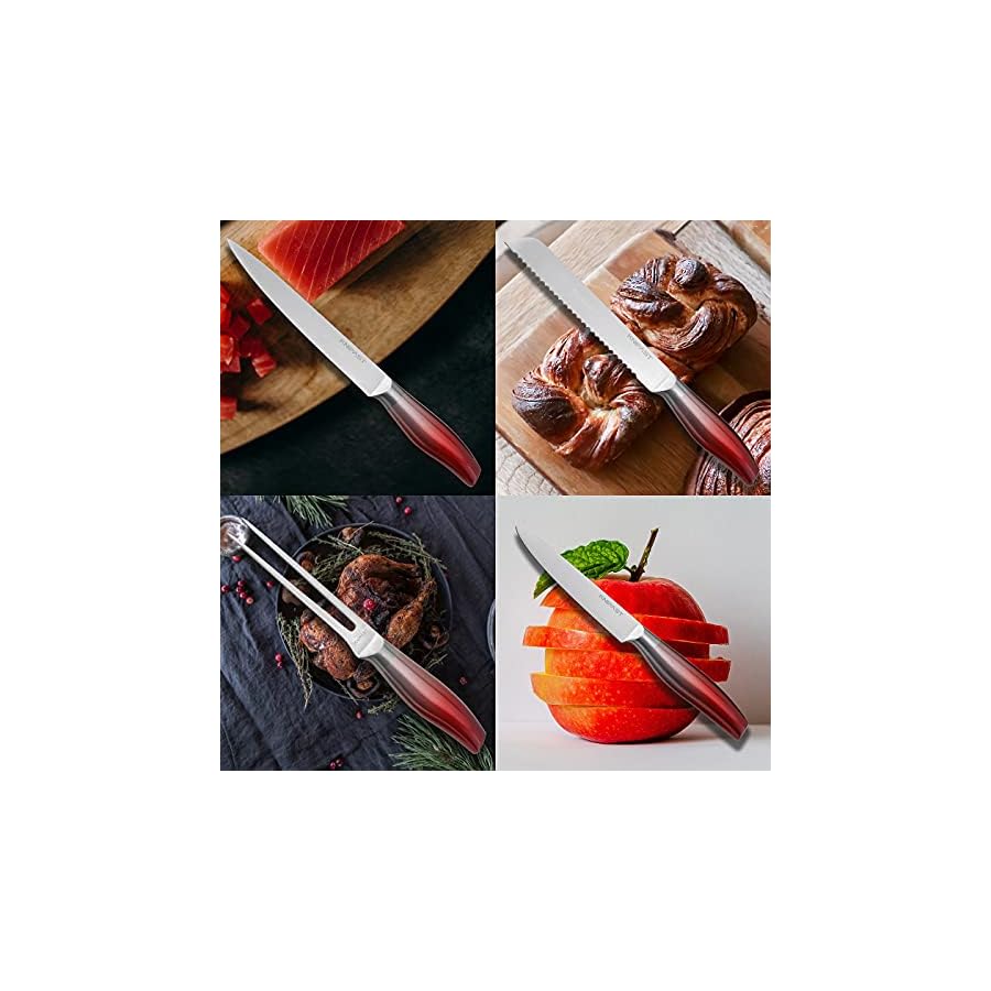 Knife Set With Block, KNIFAST Full Tang 17-Pieces Kitchen Knife Set With Block Wooden German Stainless Steel Cutlery With Knife Sharpener & 6 Steak Knives (Red)