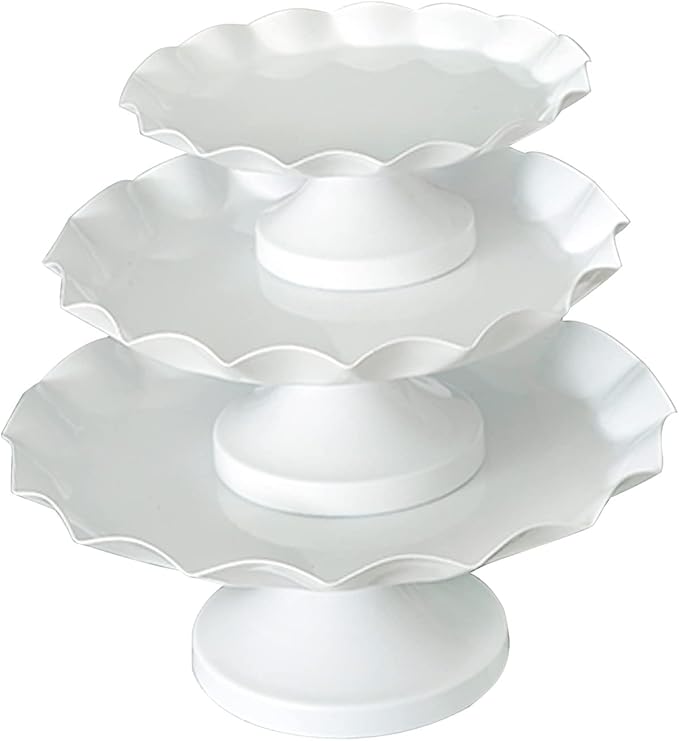 Set of 3 Pcs Wave Rim Cake Stands Iron Cake Holder Dessert Display Plate Serving Tray for Baby Shower Wedding Birthday Party (White)