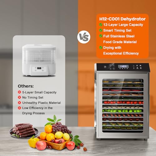 Food Dehydrator for Jerky, 12-Trays Stainless Steel, 850W Electric Dehydrator Machine with 10 Presets, Adjustable Timer, Temperature Control, Digital Food Dryer for Herb, Dog Treats,Meats & Veggies