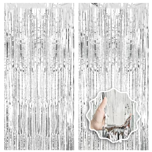 2 Pack Foil Curtain Backdrop Curtains Silver Tinsel Door Streamers Birthday Party Decorations Photo Booth Props for Disco Party Graduation Wedding Baby Shower Bachelorette Christmas Gender Reveal