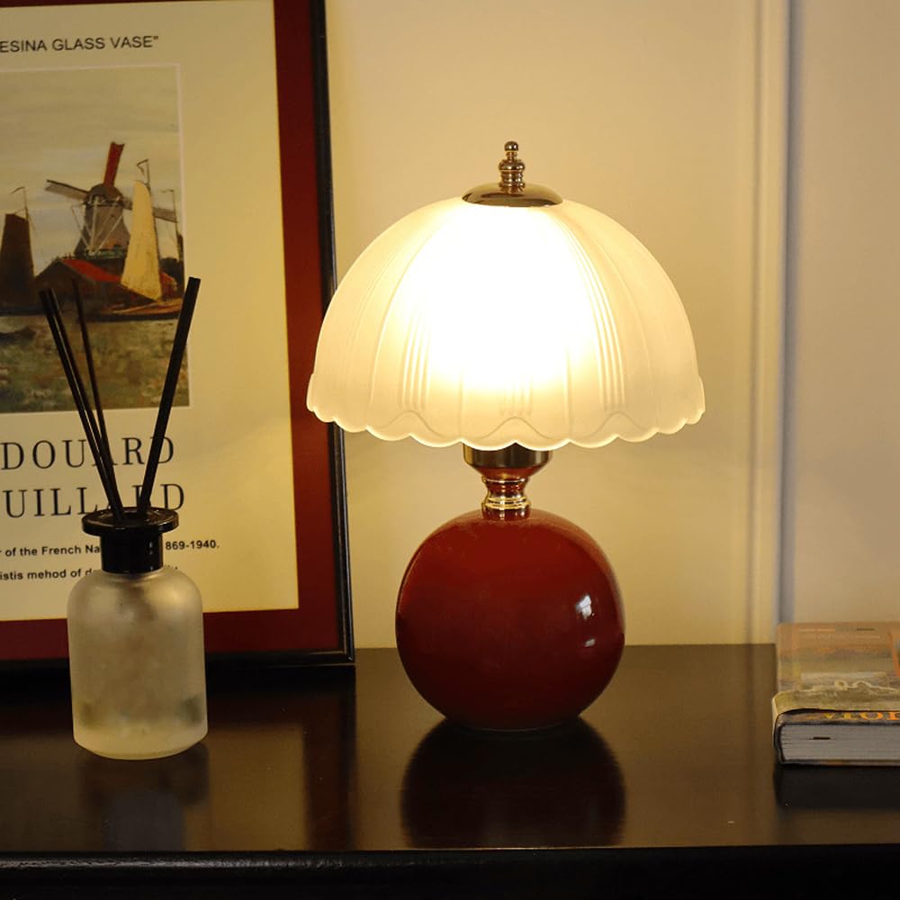 Mengjay Lampe de Table Vintage en Céramique,E27 Lampe de Chevet avec Abat-Jour en Verre,Lampe de Bureau Intérieur avec Prise et Interrupteur pour Chambre Salon Bureau Bar (Rouge)