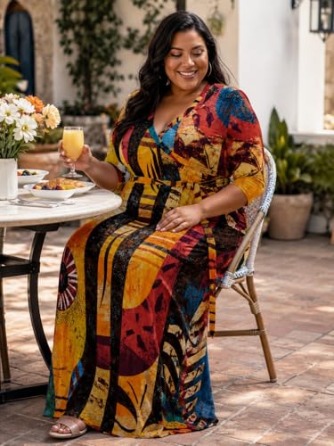 Image of SUZONANA Plus Size Maxi Dresses for Curcy Women Casual Loose 3 /4 Sleeve Long Dress with Belt