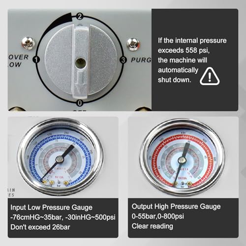 HVAC AC Refrigerant Recovery Machine Unit Tool Kit Recycle Liquid and Vapor Freon of Automotive Household and Commercial Air Conditioner System, 3/4HP Oil-less Compressor