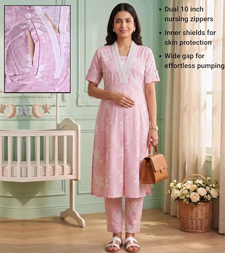 Image of DUMMY SHAPE Maternity Dresses for Women Cotton | Floral Kurta Pant Dupatta Set with Nursing Zippers, Side Pocket | Pre & Post Pregnancy | Feeding Kurti Suit | Baby Shower | Gifts for Pregnant Woman