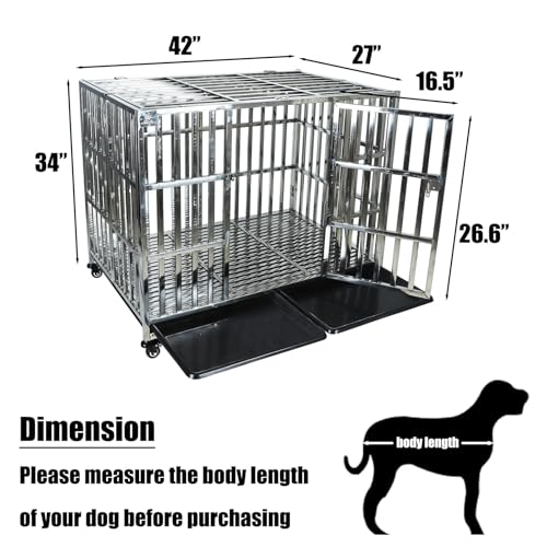 Confote 37/47 Inch Heavy Duty Dog Crate Metal Cage Kennel, High Anxiety Pet Cage with Lockable Wheels & Double Doors for Small Medium Large Dogs (SS-42)