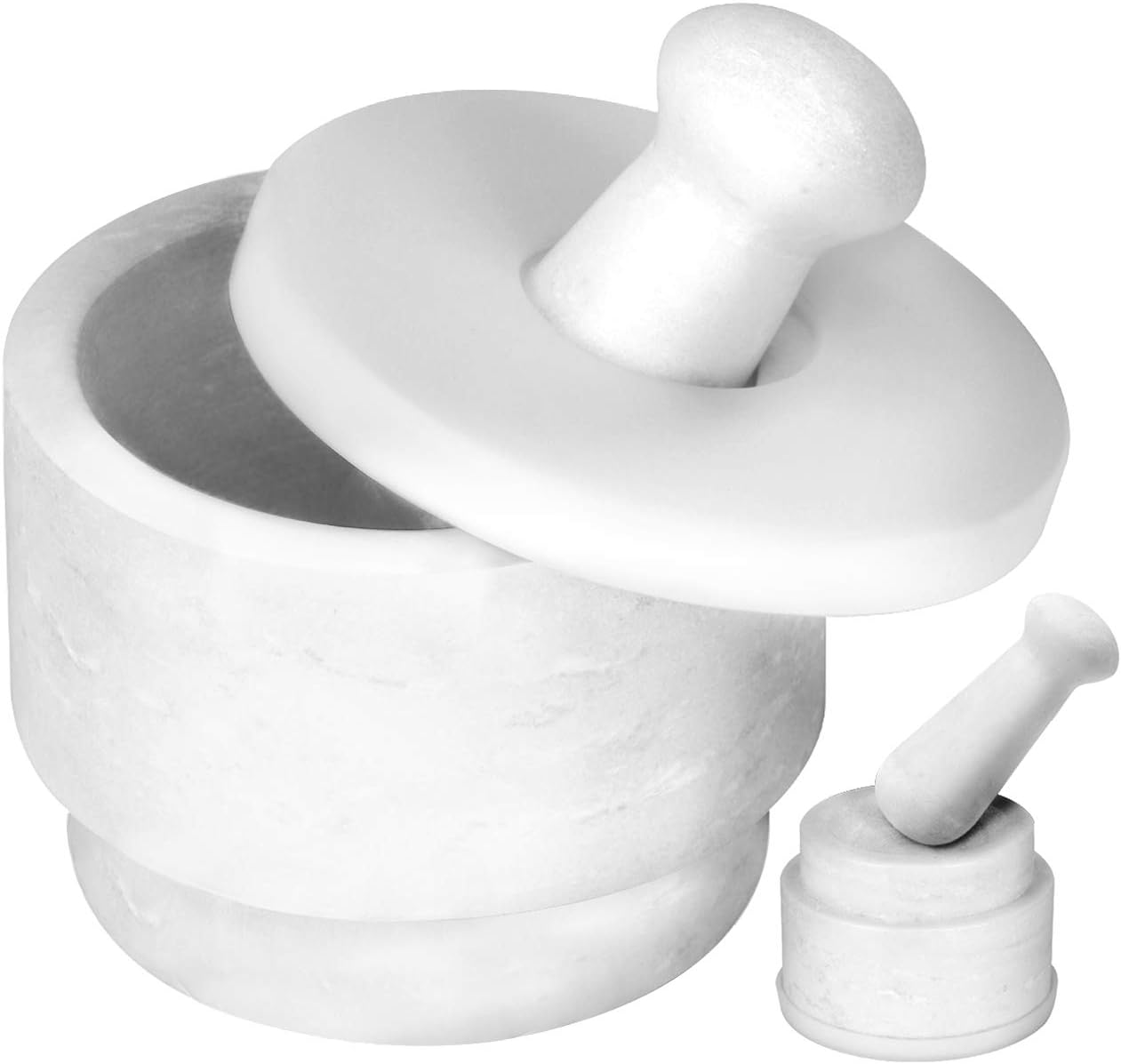 COSYLAND 2 in 1 Pestle and Mortar Set Both Ends Usable, 2.5 Cup Large Capacity, 2 Pestles Included, Pill Crusher Spice Grinder, Kitchen Dining Room Herb Bowl Solid Stone Granite White