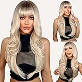 SUKRI Blonde Wigs for Women Layered Wig with Bangs Omber Wig with Black Roots 26Inch Long Wavy Synthetic Heat Resistant Hair for Daily Cosplay Use
