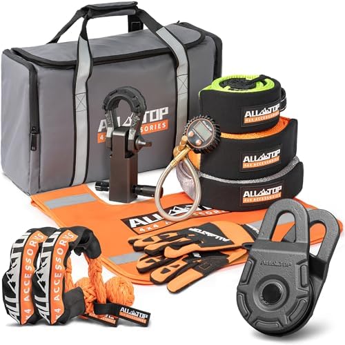 ALL-TOP Recovery Pack Extreme 11in1: Water-Resist Offroad Gear Bag with Recovery Strap Kit(3), Damper, 2 Soft Shackles, SK Hitch Mount, Forged Pulley, Deflator & Gloves
