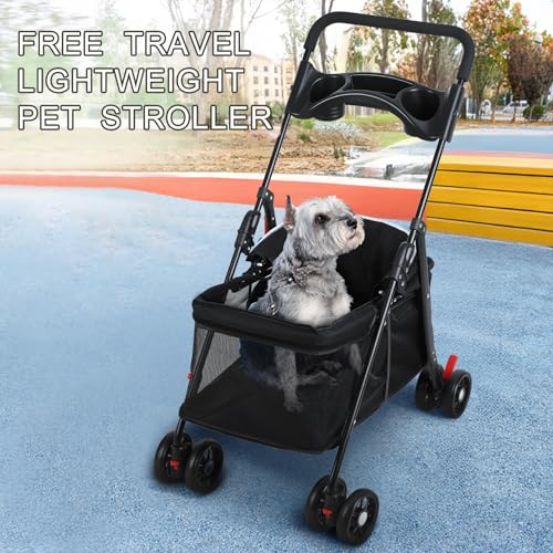Hundebuggy bis 15 kg klappbar, Leichtgewicht Hundewagen mit Rollen und Getränkehaltern, Katzenwagen, Hunde Buggy für mittelkleine Haustiere (48 x 68 x 95 cm)