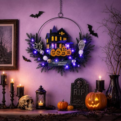 Halloween Wreath with Lights, 15.7 Inch, 6H On/18H Off Timer - image 2