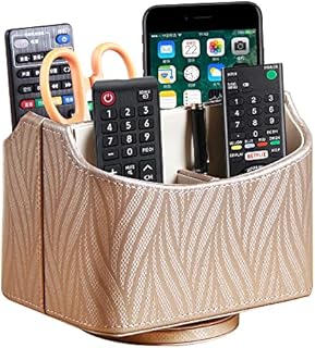 PUSU Remote Control Holder, PU Leather TV Remote Organizer, 360 Degree Rotatable TV Remote Caddy Office Desk Organizer 5 Compartments Storage for TV / Media Controller,Pen, Mail, Phone,iPad, Glasses
