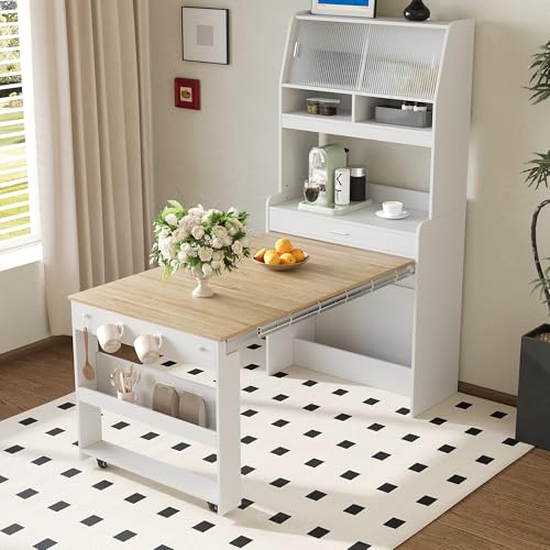 Merax Sideboard Buffet Cabinet with Foldable Dining Table, Multifunctional Cupboard with Storage Shelf and Hooks, for Small Places,Studio, Apartment