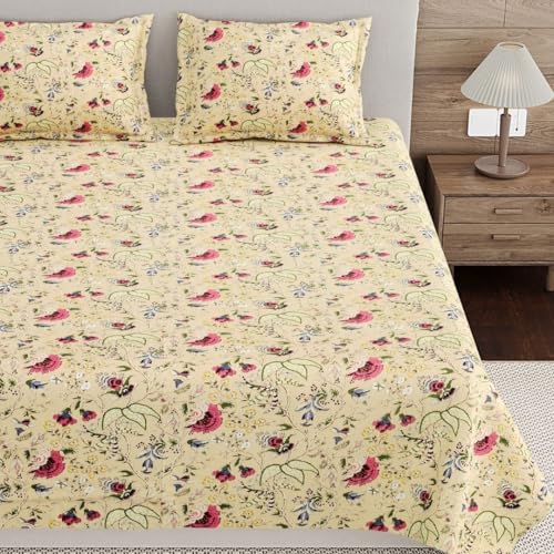 Image of Living Roots Ethnic Jaipur Block Print Double Cotton Bedsheet & 2 Pillow Covers, for Mattress Upto 6 inches Thick, No Colour Bleeding, Yellow Colour, King Size 90 * 108 inches, 120TC (617-A)