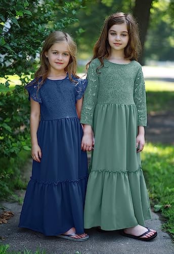 Image of MITILLY Girls Lace Flower Wedding Guest Long Maxi Dress for 6-12 Years | Girls Boho Dress, Girls' Special Occasion Dresses, Wedding Party, Size 6-12 Years, Ruffle Sleeve, A Line, With Pockets