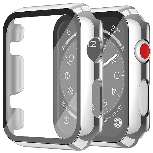 Image of Misxi 2 Pack Hard PC Case with Tempered Glass Screen Protector Compatible with Apple Watch Series 2 Series 3 42mm, Anti-Drop Scratch Resistant Lightweight Cover for iWatch, 1 Silver + 1 Transparent