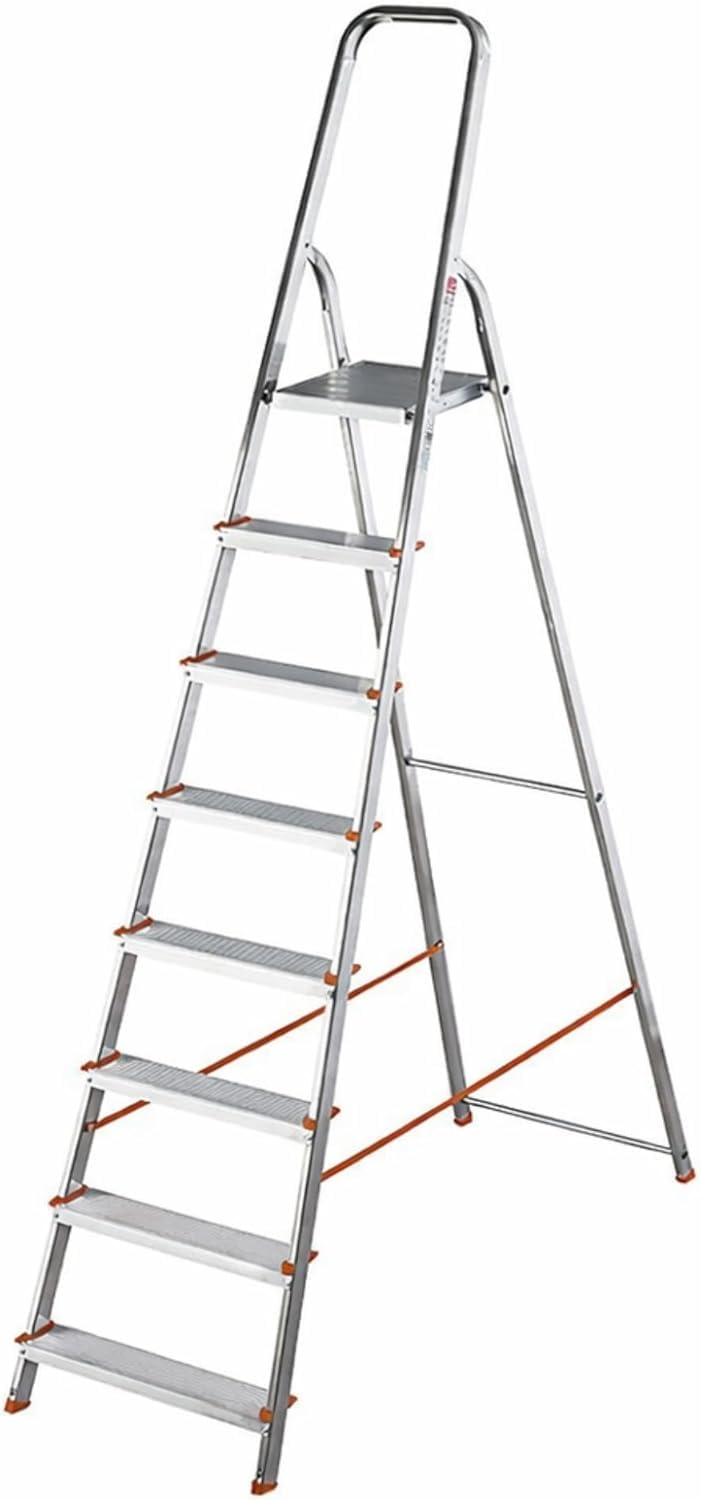 Scala Alluminio 8 Gradini - PIATTAFORMA ANTISCIVOLO - Conforme EN131 - Portata 150kg - Scala Pieghevole con Pedana in Acciaio e Blocco Sicurezza Antiapertura - Per Lavori Domestici e Fai da Te.
