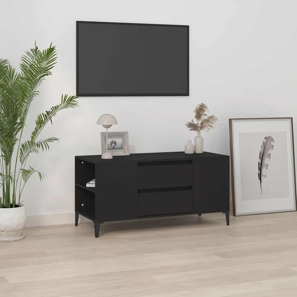 Mobile TV nero 102 con 4 scomparti aperti e 2 cassetti in legno moderno supporto TV design industriale per soggiorno
