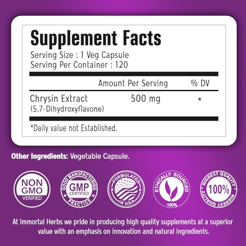 Image of Chrysin Supplement 500mg, 120 Pills, Passion Flower Extract Powder, 5,7-Dihydroxyflavone, Non-GMO and Gluten-Free Chrysin Supplement for Men and Women